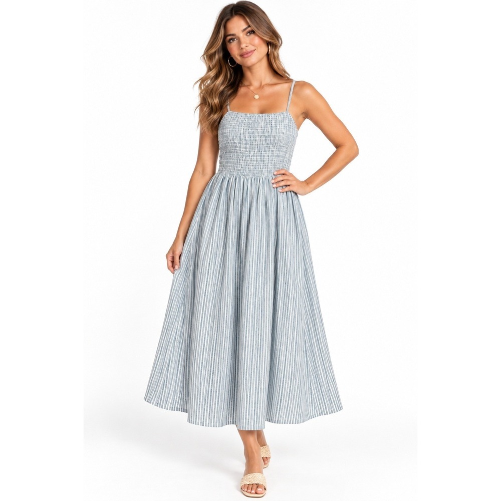 HM Blue White Striped Smocked Seersucker Midi Dress Size M NEW